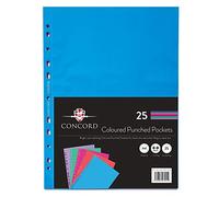 Pukka Pad, Concord A4 Coloured Punched Pockets - 1 Pack of 25 - Features 11 - Hole Europunch Compatibility - 5 Assorted Colours