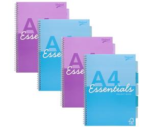 Pukka Pad Essentials A4 Project Book - Pack of 4 Assorted Blue & Purple Notebooks with 200 Pages, 100 Sheets of 60GSM Lined FSC Paper, Perforation, & 5 Repositionable Dividers - Side Twin Wire Binding