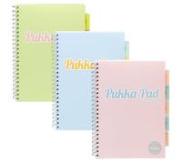 Pukka Pad Pastel A4 Project Books - Pack of 3 Twin Wire Bound Notebooks with Repositionable Dividers & Storage Pockets, 200 Pages of 80GSM Perforated Paper with 8mm Ruled Lines - Pink, Blue, & Green