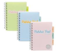 Pukka Pad Pastel A5 Project Books - Pack of 3 Twin Wire Bound Notebooks with Repositionable Dividers & Storage Pockets, 200 Pages of 80GSM Perforated Paper with 8mm Ruled Lines - Pink, Blue, & Green