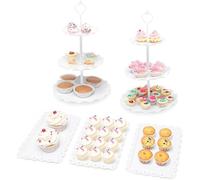 Pukkr Cake Stand & Appetiser Tray Set | 5 Piece | Plastic Cupcake 3-Tier Display | Party Christmas Birthday (Round)