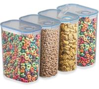 Pukkr Cereal Storage Containers Set of 4 - 2.4L BPA-Free Plastic Dispensers with Airtight Lids, Fresh Seal Clips, Labels & Pen - Flour, Pasta & Cornflakes Storage