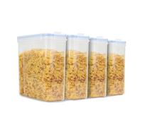 Pukkr Cereal Storage Containers Set of 4 - 2.4L BPA-Free Plastic Dispensers with Airtight Lids, Fresh Seal Clips, Labels & Pen - Flour, Pasta & Cornflakes Storage