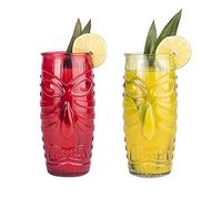 Pukkr Tiki Cocktail Glasses - Set of 2 | 600ml Drinkware Glass Set | Māori Style Drinking Glass | Red & Green 1 Pint Hawaiian Summer Glasses | Alcohol & Non-Alcohol | Rum Cocktails