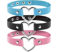 PULABO 3Pcs Gothic Heart Choker Necklace Adjustable Leather Choker Punk Collar For Women And Girls Cosplayer (Black&Blue&Pink) popular