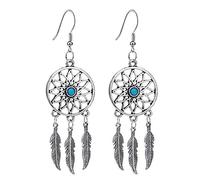 PULABO Bohemian Vintage Earrings Dream Catcher Feather Shape Tassels Dangle Drop Hook Ear Stud Women Girls Earrings Wedding Party Jewelry Accessories Gift Silver Creative and Exquisite Workmanship