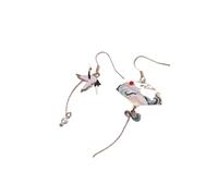 PULABO Chinese style Folding Fan Modeling Crane cloud Hanging Dangle National Style Earrings for Women Hollow asymmetric Metal Jewelry Creative
