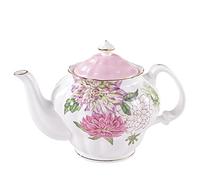 Pulchritudie Bone China Teapot, English Teaset, Dahlia Floral Design with Golden Rim, 37 Oz