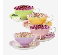 PULCHRITUDIE Fine Bone China Teacup and Saucer Set, English Teasets, Floral Design with Golden Rim, Set of Four