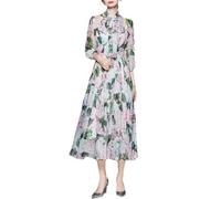 Pulcykp Women Vacation Dress Bow Tie Floral Print Dresses Half Sleeve Flowy Chiffon Midi Dress Flower and Leaf 2XL