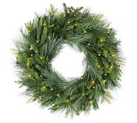 Puleo International 24 inch Pre-Lit Artificial Pine Christmas Wreath | 62 Branch Tips, 35 Warm White LEDs, Battery-Operated with Timer, Customizable Greenery, 24in Pre-Lit Pine Wreath
