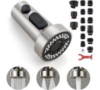 Pull-Down Kitchen Faucet Spray Head - 3-Function, Brushed Nickel, Includes 15 Adapters