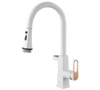 Pull Down Kitchen Faucet with LED Digital Display Solid Brass High Arc Swivel Kitchen Sink Faucet with Pull Out 3 Modes Sprayer, Single Handle Hot and Cold Kitchen Mixer Tap,White