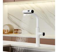 Pull-Faucet, Brass One-Handle Sink Mixer with Waterfall Spout, Gray Finish, Versatile for 1 or 3 Hole Installation, Modern Kitchen Tap with Spray Function