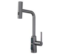 Pull Faucet with Temperature Digital Display, 360° Swivel High Arc Solid Brass Waterfall Mixer, Hot & Cold Water, Gunmetal Finish