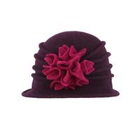 Pull on Cloche Beanie Hat with Contrasting Flower Detail and Wired Brim (Plum/Pink)