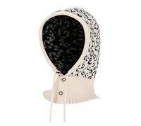 Pull-on Knit Hood with Integrated Neck and Shoulder Layer, Beige | Leopard Print Finish, Continuous Head and Neck Coverage, Compact Foldable Shape for Commuting and Walking