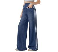 Pull on Wide Leg Jeans Straight Trousers for Women, Side Stripe Stretch Denim Fit Casual Stretchy Baggy Loose Pants, Trendy Tummy Control Straight Leg Jeans with Pockets