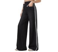 Pull on Wide Leg Jeans Straight Trousers for Women, Side Stripe Stretch Denim Fit Casual Stretchy Baggy Loose Pants, Trendy Tummy Control Straight Leg Jeans with Pockets