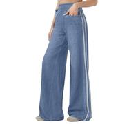 Pull on Wide Leg Jeans Straight Trousers for Women, Side Stripe Stretch Denim Fit Casual Stretchy Baggy Loose Pants, Trendy Tummy Control Straight Leg Jeans with Pockets