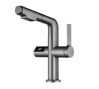 Pull Out Bathroom Faucet, Lifting Basin Sink Mixer Tap with LCD Display, Brass Core G1/2 Inlet,Safe and Reliable(A.Grey)