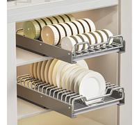 Pull Out Cabinet Organizer, Slide Out Drawer Set for Kitchen, Stainless Steel Plate Rack (13 Holes) & Bowl Rack (21 Holes) with Draining Tray, 2 Pack