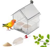 Pull-Out External Parrot Feeder, Transparent Bird Cage Feeders with Two Food Troughs, Hanging Roof Feeders for Birds, Easy to Bath, Fill, Clean for Finch and Hummingbird (A)