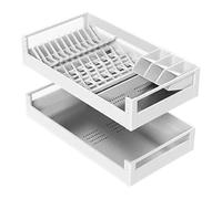 Pull Out Kitchen Organizer, Sliding Under Cabinet Shelf with Adjustable Dish Rack and Tilting Utensil Holder for Pots and Pans Storage