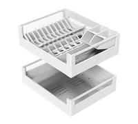Pull Out Kitchen Organizer, Sliding Under Cabinet Shelf with Adjustable Dish Rack and Tilting Utensil Holder for Pots and Pans Storage