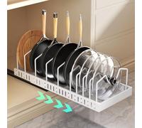 Pull Out Pots and Pans Organizer Under Cabinet, Expandable Sliding Lid Holder and Pan Rack for Kitchen, Slide Out inside Cabinet for Pot Lid, Bakeware, Dishes, 10 Adjustable Dividers, 1 Pack White