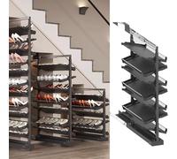 Pull-Out Shoe Rack Organizer for Closet Shoe Cabinet,Adjustable Height Retractable Metal Stackable Shoe Rack, Vertical Shelf Organizer for Small Bedroom Closet, Space Saving Storage, Black(48cm,7 Tier