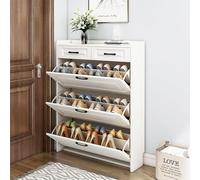 Pull Out Shoe Rack Rotating Stackable Pull-Out Storage Cabinet Vertical Shelf Organizer Adjustable，with 3 Doors 2 Drawers for Entryway, White Narrow Shoe Storage Organizer 4 Tier Flip Down S