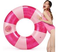 PullCrease 1 Pcs Giant Inflatable Swim Floats with Large Cup Holder Jumbo Striped Glitter Pool Ring 48" Fun Print Pool Lounger Tube for Adult Summer Swimming Beach Party Supplies (Rose Pink)