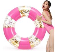 PullCrease 1 Pcs Giant Inflatable Swim Floats with Large Cup Holder Jumbo Striped Glitter Pool Ring 48" Fun Print Pool Lounger Tube for Adult Summer Swimming Beach Party Supplies (Pink)