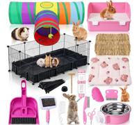 PullCrease 102 Pcs Rabbit Starter Kit Litter Box Bunny Tunnel Pet Playpen with Waterproof Mat Water Bottle Animal Grooming Kit Bowl Blankets with Cleaning Set for Guinea Pig Rabbit Accessories