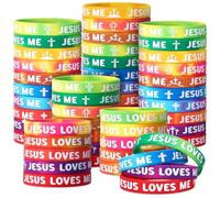 PullCrease 30 Pcs Jesus Loves Me Wristbands Bulk 10 Styles Rainbow Religious Silicone Bracelets Christian Cross Silicone Wristbands Gift for Bible School Church Group