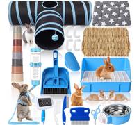 PullCrease 34 Pcs Rabbit Starter Kit Rabbit Litter Box Small Animal Water Bottle Cups Bunny Tunnels Animal Grooming Kit Bowl Blanket with Cleaning Set for Guinea Pig Bunny Accessories(Style 2,Blue)