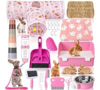 PullCrease 34 Pcs Rabbit Starter Kit Rabbit Litter Box Small Animal Water Bottle Cups Bunny Tunnels Animal Grooming Kit Bowl Blanket with Cleaning Set for Guinea Pig Bunny(Style 3,Sakura Pink)