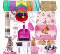 PullCrease 34 Pcs Rabbit Starter Kit Rabbit Litter Box Small Animal Water Bottle Cups Bunny Tunnels Animal Grooming Kit Bowl Blanket with Cleaning Set for Guinea Pig Bunny Accessories (Style 2,Pink)