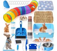 PullCrease 34 Pcs Rabbit Starter Kit Rabbit Litter Box Small Animal Water Bottle Cups Bunny Tunnels Animal Grooming Kit Bowl Blanket with Cleaning Set for Guinea Pig Bunny(Style 3,Light Blue)