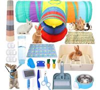 PullCrease 34 Pcs Rabbit Starter Kit Rabbit Litter Box Small Animal Water Bottle Stacking Cups Bunny Tunnels Animal Grooming Kit Bowl Blankets with Cleaning Set for Guinea Pig Rabbit Accessories