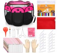 PullCrease 45 Pcs Puppy Dog Kitten Whelping Supplies Starter Kit for Birth Include Pet Playpen Whelping Collar Cord Clamp Bulb Aspirator Syringe Bottle Scissor Glove Bag for New Born Pet Supplies