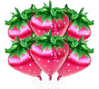 PullCrease 6 Pcs 4d Strawberry Balloons 29 Inch Giant Cute Strawberry Foil Balloons Shortcake Decorations for Sweet Berry Fruit Themed First Birthday Party Decorations Supplies Favors (Rose Red)