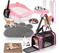 PullCrease 8 Pcs Kitten Supplies Starter Kit, Cat Kitten Starter Kit Essentials Includes Cat Litter Box mat Bowls Folding Carrier Scratch Pad Accessories for Welcome Gift Supplies(Pink)