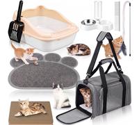 PullCrease 8 Pcs Kitten Supplies Starter Kit, Cat Kitten Starter Kit Essentials Includes Cat Litter Box mat Bowls Folding Carrier Scratch Pad Accessories for Welcome Gift Supplies (Grey)