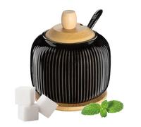 Pullmer Ceramic Sugar Bowl with Bamboo Wood Lid with Bamboo Coaster and a Sugar Spoon, Sugar Container (OSBO Black Gloss)
