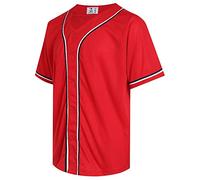 Pullonsy Blank Baseball Jersey for Men Women Full Button Up Short Sleeves Shirts Hip Hop Hipster Sports Uniforms, White/Black Stripe-red Jersey, XXL