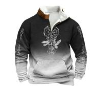 Pullover Men's Outdoor Half Zip Sweatshirt, Nordic Mythology Viking Tattoos Hoodie, Soft Warm Work Jumper without Hood, Men's Gothic Medieval Vintage Plus Size Streetwear Army Coffee Grey Gold