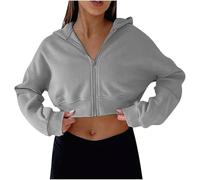 Pullover Sweaters for Women Zip Up Hoodie Women UK Cropped Sweatshirts Long Sleeve Pullover Solid Color Sports Gym Running Crop Tops Jacket Sportswear Streetwear Trendy Y2K Loose Ladies Blouses Gray