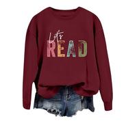 Pullover Women's Autumn Jumper Long Sleeve Shirt Without Hood Sweatshirt Sweatshirt with Reading Book for Women, "Let's Read", Graphic Long Sleeve Shirts, Crew Neck, Teacher/Library Jumper with, Brick
